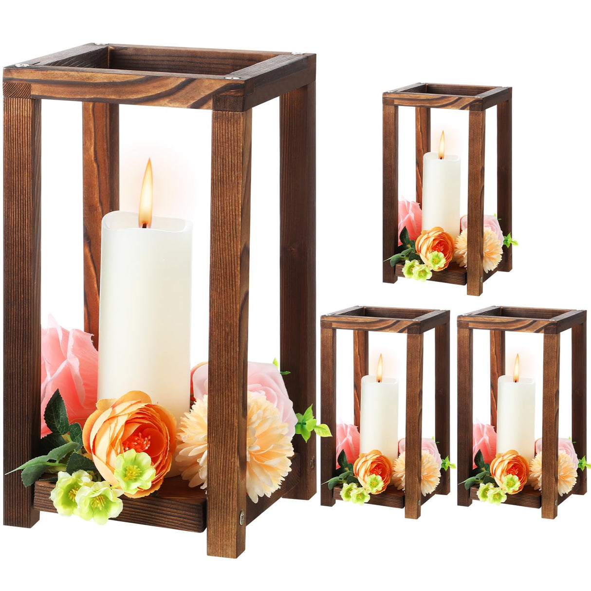 Geetery 4 Pcs Decorative Wedding Wood Lantern Candle Holders for Table Centerpiece Rustic Wooden Wedding Table Decoration Country Barn Farmhouse Geetery