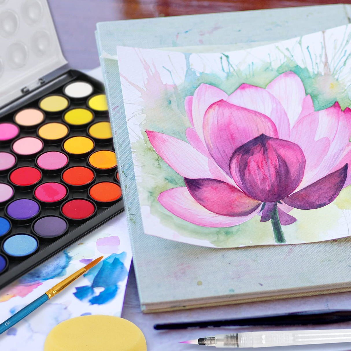 Funto Watercolor Set, 48 Color Paint Set, 10 Brushes, 4 Refillable Water Brush Pens, 30 Page Pad(9"x12"), Masking Tape, Sponge, Palette, Painting Kit Funto