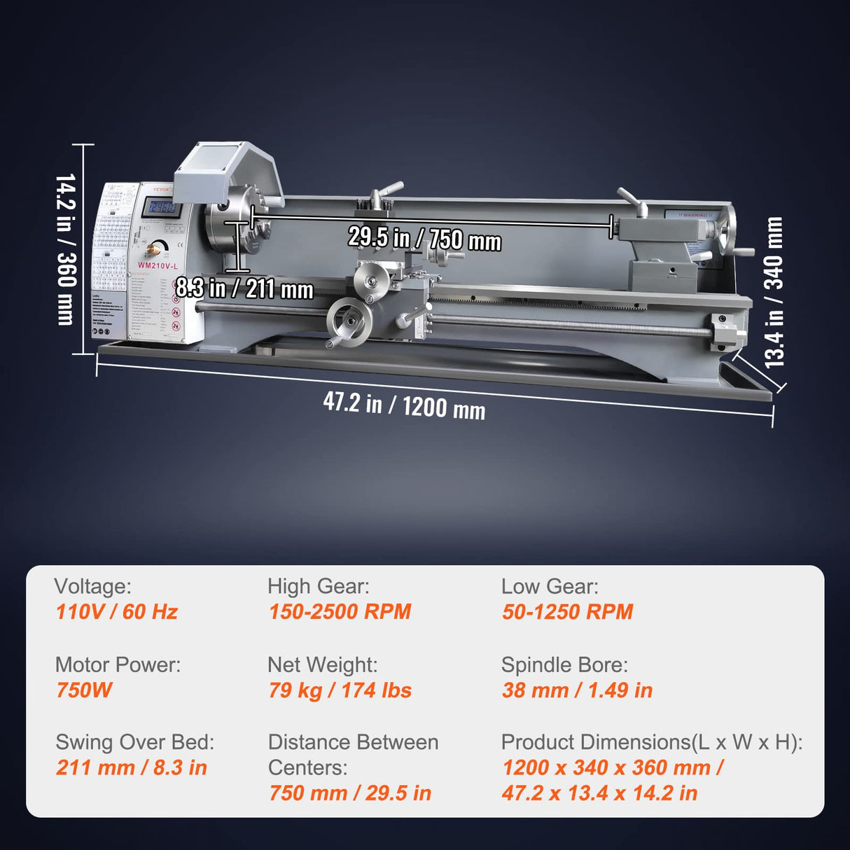 VEVOR Metal Lathe Machine, 8.3'' x 29.5'', Precision Benchtop Power Metal Lathe, 0-2500 RPM Continuously Variable Speed, 750W Brushless Motor Metal VEVOR