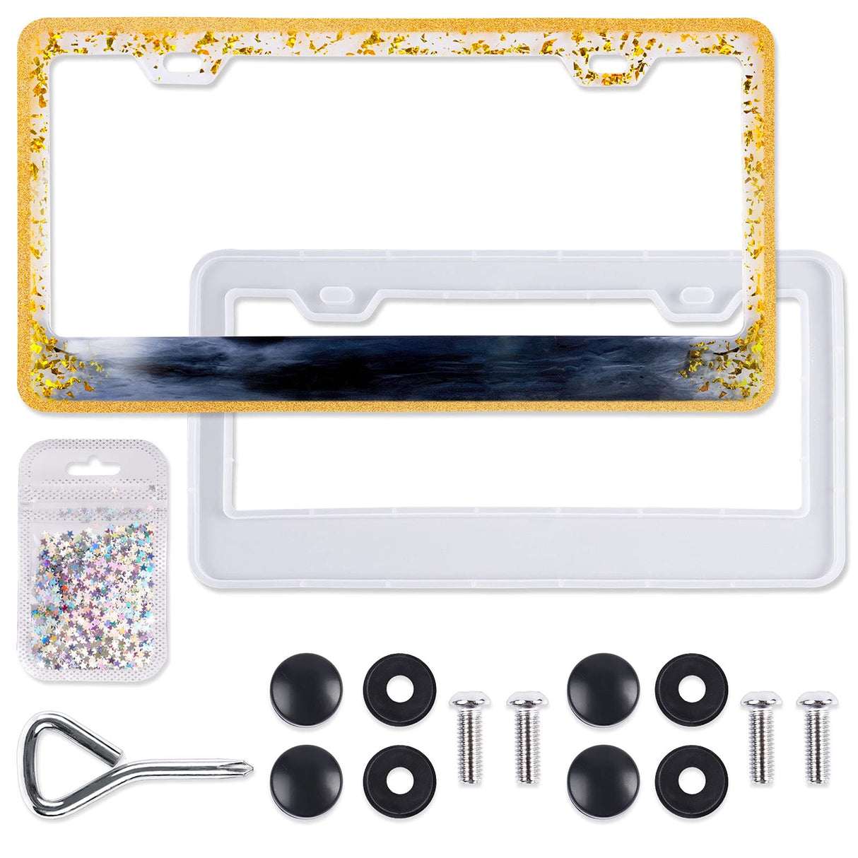 NiArt Car License Plate Frame Epoxy Resin Casting Silicone Mold Kit + Screw Accessories + Glitters, Handmade Crafts Supplies Car Plate Bracket NiArt