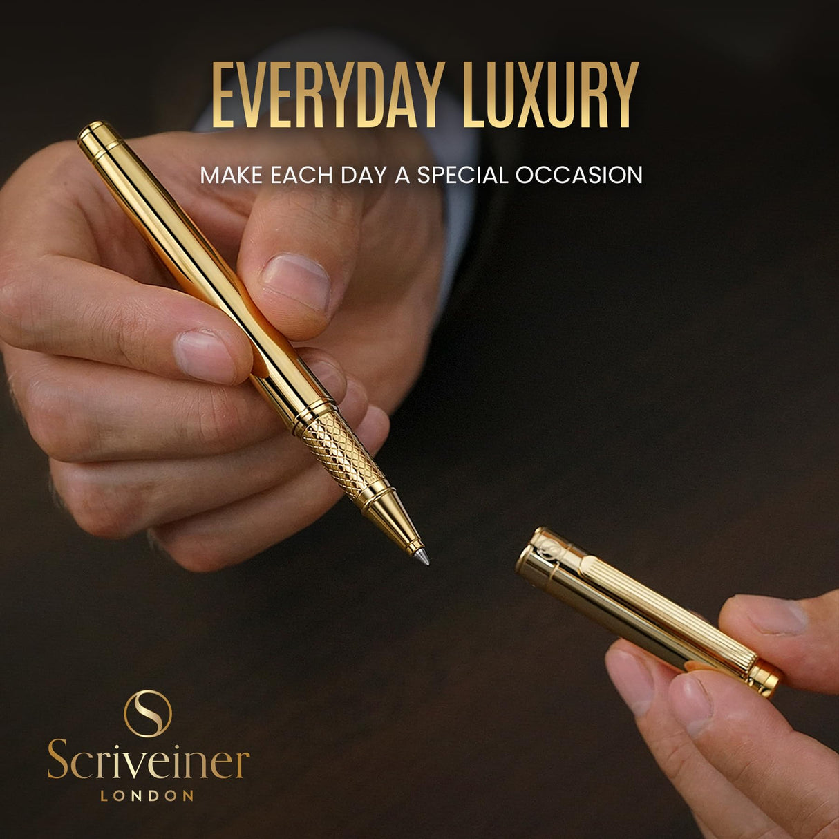 Scriveiner Gold Rollerball Pen - Stunning Luxury Pen with 24K Gold Finish, Schmidt Ink Refill, Best Roller Ball Pen Gift Set for Men & Women, Scriveiner