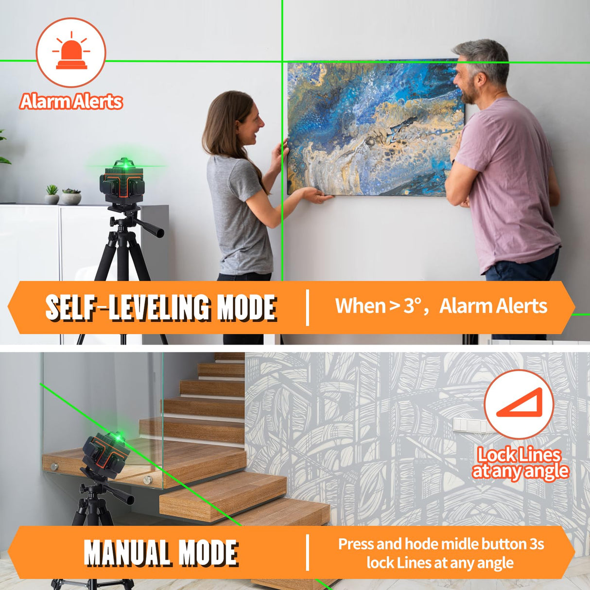 16 Lines Laser Level Tool 4x360 Self Leveling Green Lazer Line Level, 4D Green Cross Line Leveler Tool Laser for Picture Hanging, with Cloth bag and Segroptera