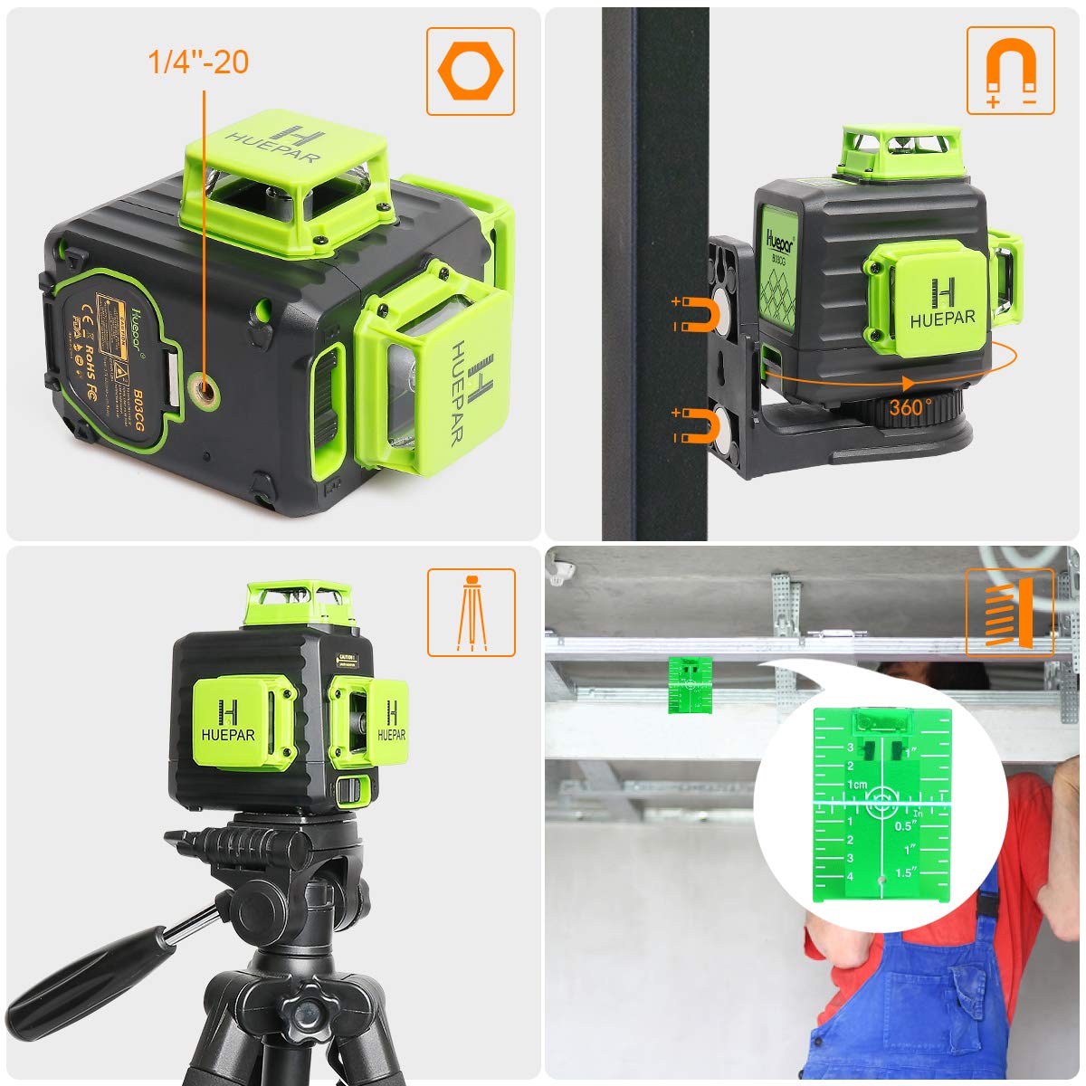 Huepar 3D Cross Line Self-leveling Laser Level, 3 x 360 Green Beam Three-Plane Leveling and Alignment Laser Tool, Hard Carry Case Included - B03CG Huepar