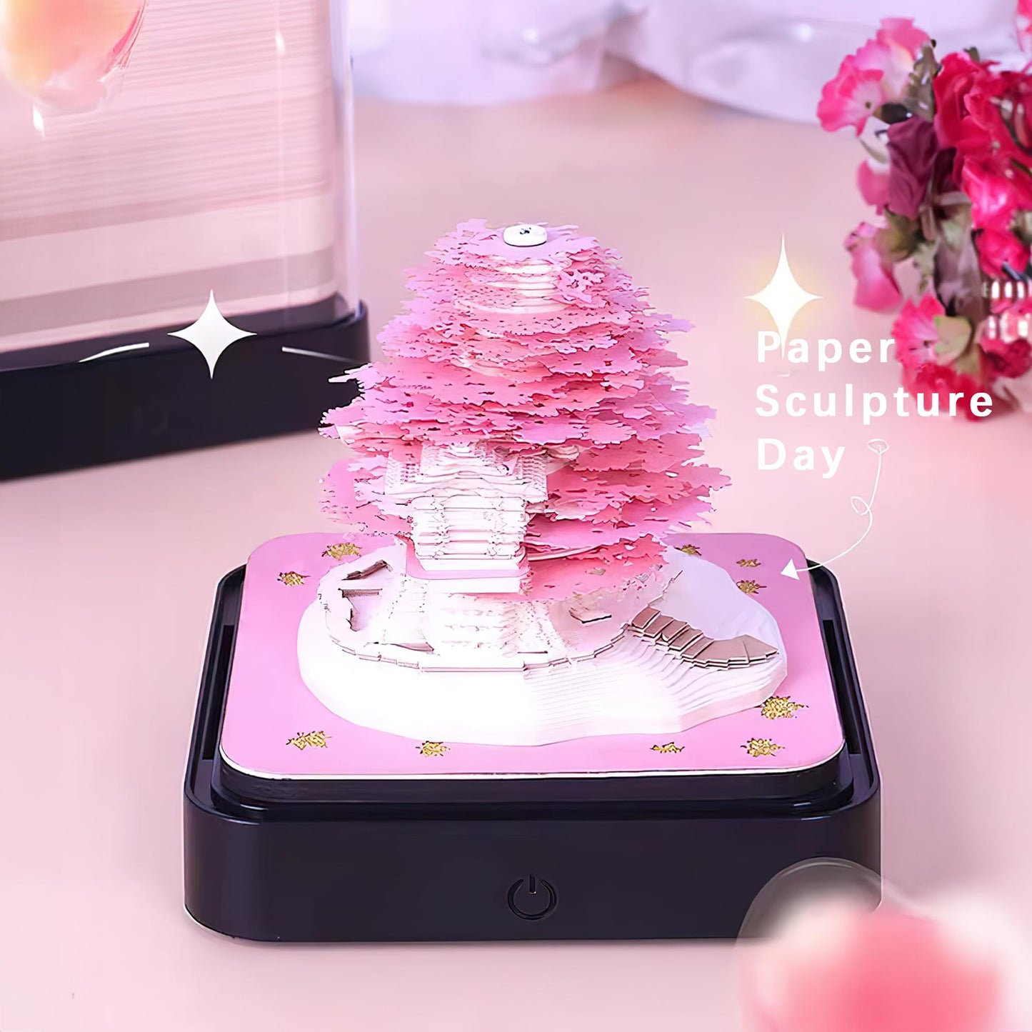 MACTANO 3D Art Calendar Memo Pad 2024, Creative Time piece Calendar Sakura Tree Rip Away Paper Carving Sticky DIY Note Pink
