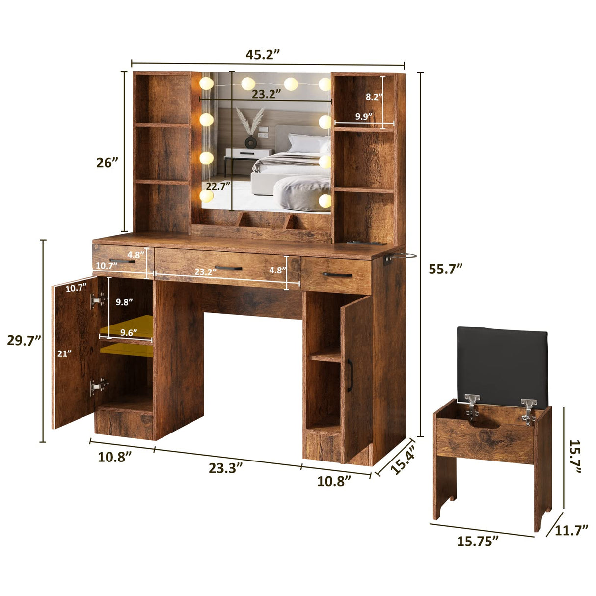 Vabches Makeup Vanity Table with Lighted Mirror & Power Strip, Large Vanity Set Vanity Desk with Lots Storage, 3 Lighting Modes, Brightness Vabches