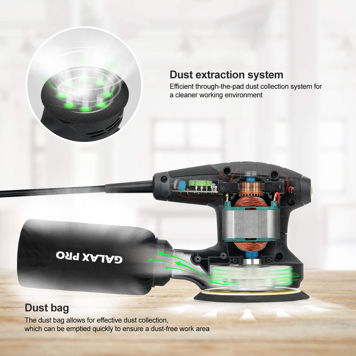 GALAX PRO 280W 13000OPM Max 6 Variable Speeds Orbital Sander with 15Pcs Sanding Discs, 5” electric Sander with Dust Collector for Sanding and GALAX PRO