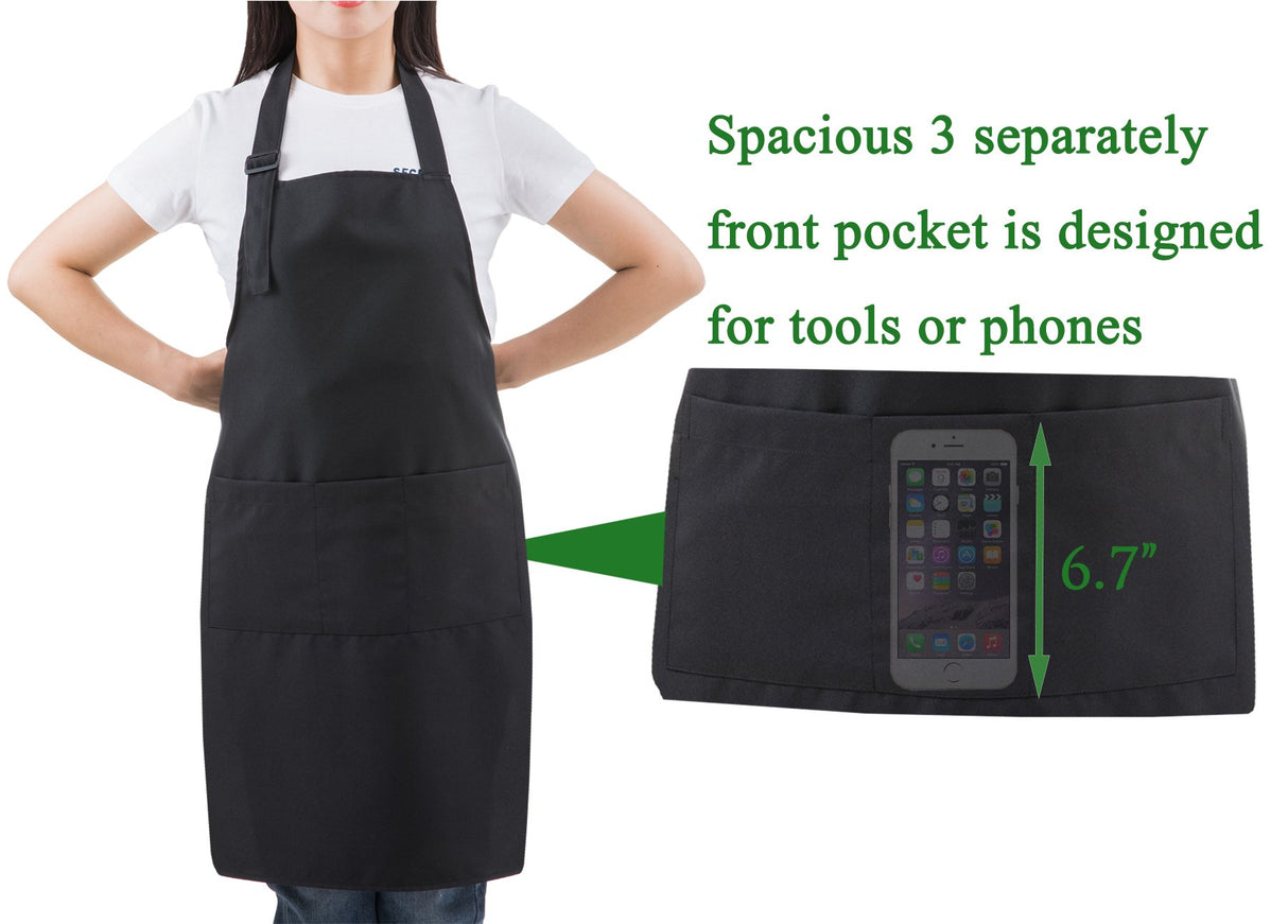 SEW UR LIFE Black Professional Resist Water Adjustable Extra Long Bib Apron 3 Pockets Home Kitchen Garden Restaurant Cafe Bar Pub Bakery for Cooking SEW UR LIFE