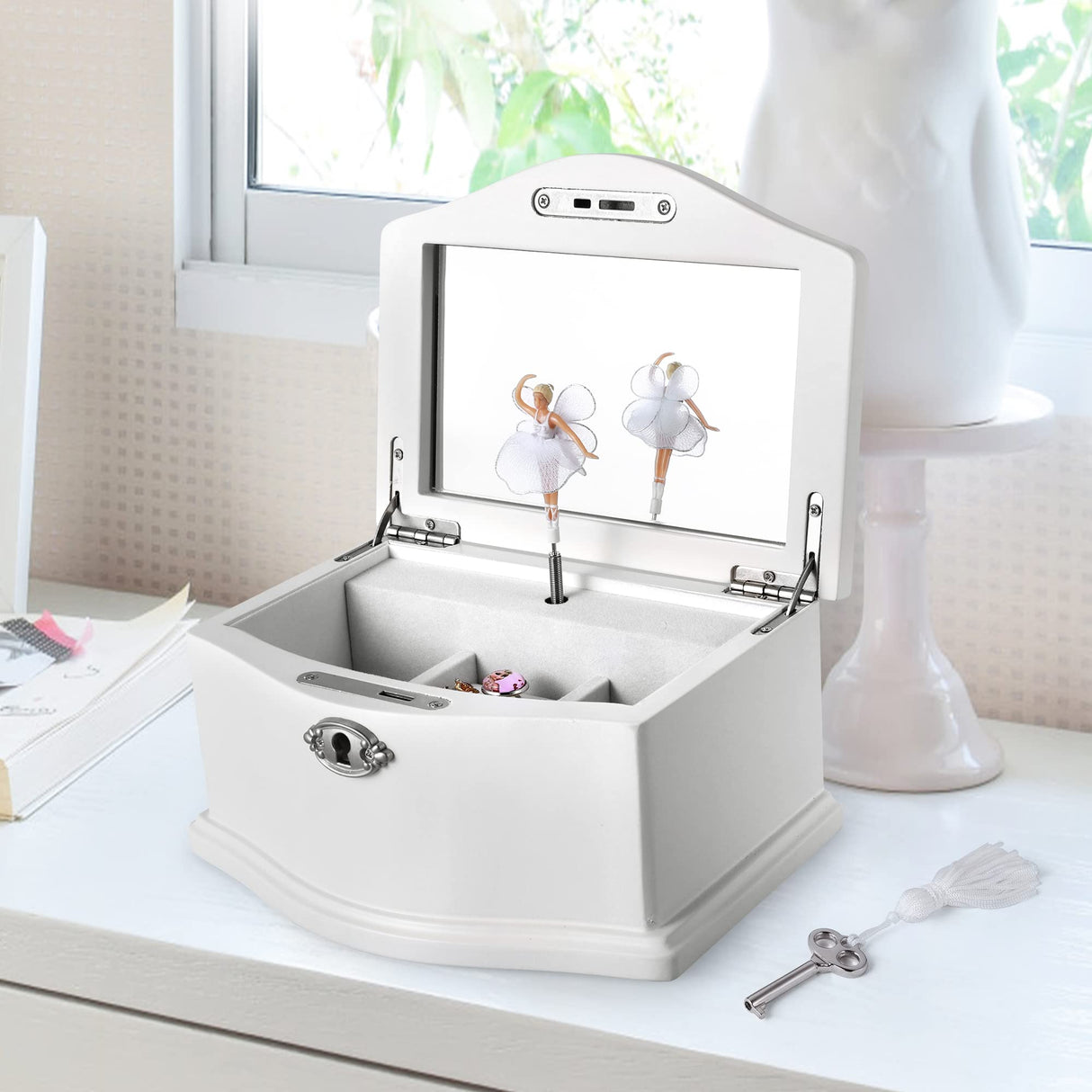 Jozen Gift Wooden Ballerina Medium White Musical Jewelry Box with Mirror for girls,Kid's Jewelry Storage Music Box Jozen Gift