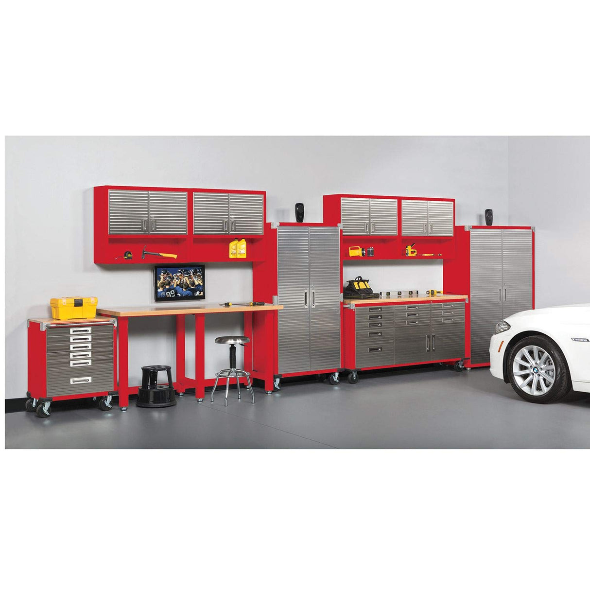 Seville Classics UltraHD Heavy Duty Rolling Cabinet Workbench Table w/Solid Wood Top, Workstation for Garage, Warehouse, Office, Workshop, 77" W x Seville Classics