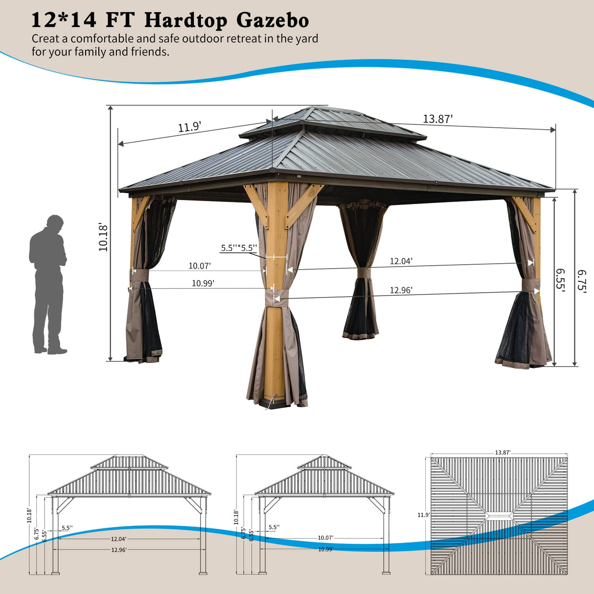 Domi Hardtop Gazebo 12’x14’ Cedar Frame Wood Gazebo with Galvanized Steel Double Roof, Outdoor Permanent Metal Gazebo with Curtains and Netting for domi outdoor living