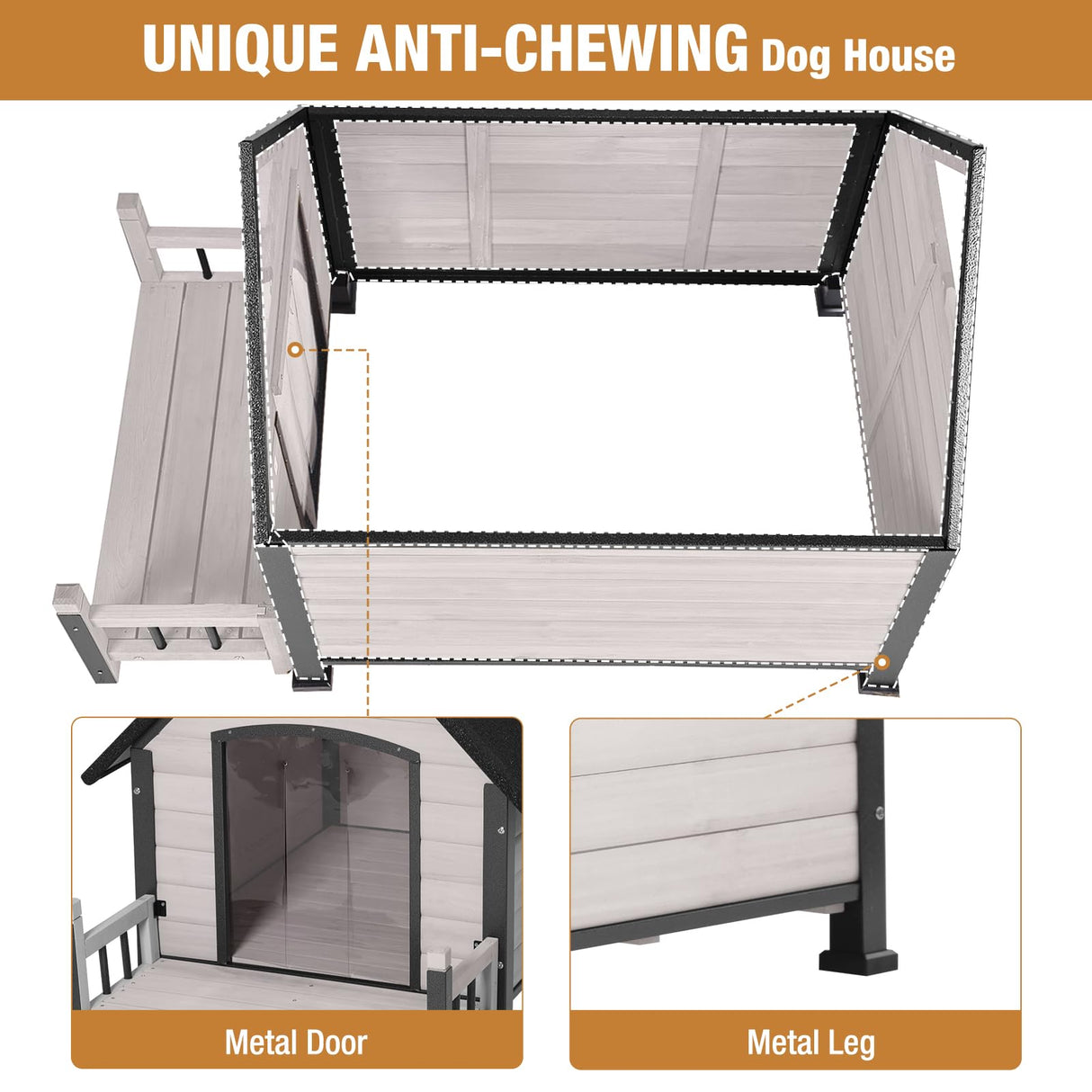Dog House with Anti-Bite Metal Iron Frame Outdoor Wooden Dog Kennel Indoor Puppy Shelter for Small Medium Large Dogs Weatherproof(Off-White) GUTINNEEN