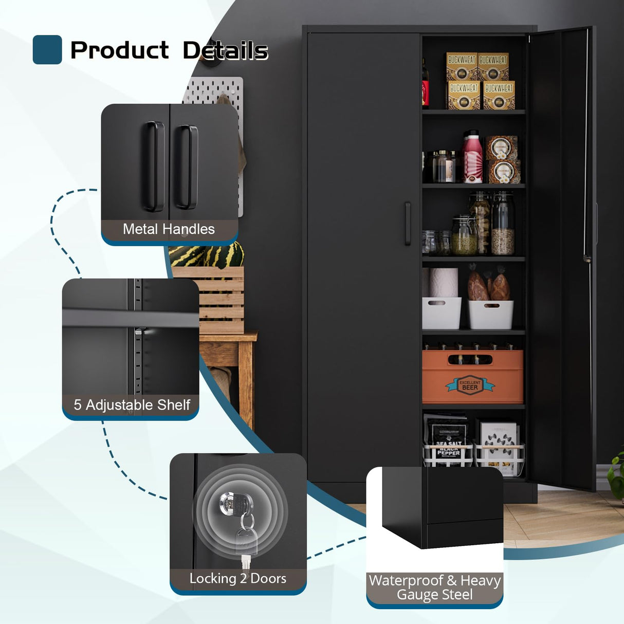 MIIIKO Black Garage Storage Cabinet with Doors and 5 Shelves, 72" Tall Steel Cabinet Tool Storage, Lockable Metal Utility Cabinet for Garage, Office, MIIIKO