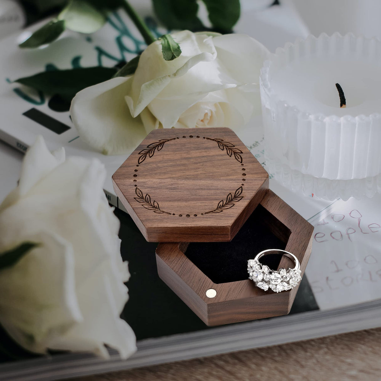 Yoption Wooden Ring Box, Handcrafted Walnut Wood Engraved Hexagon Ring Holder, Mr and Mrs Ring Box for Wedding Ceremony Anniversary Proposal Bearer Yoption