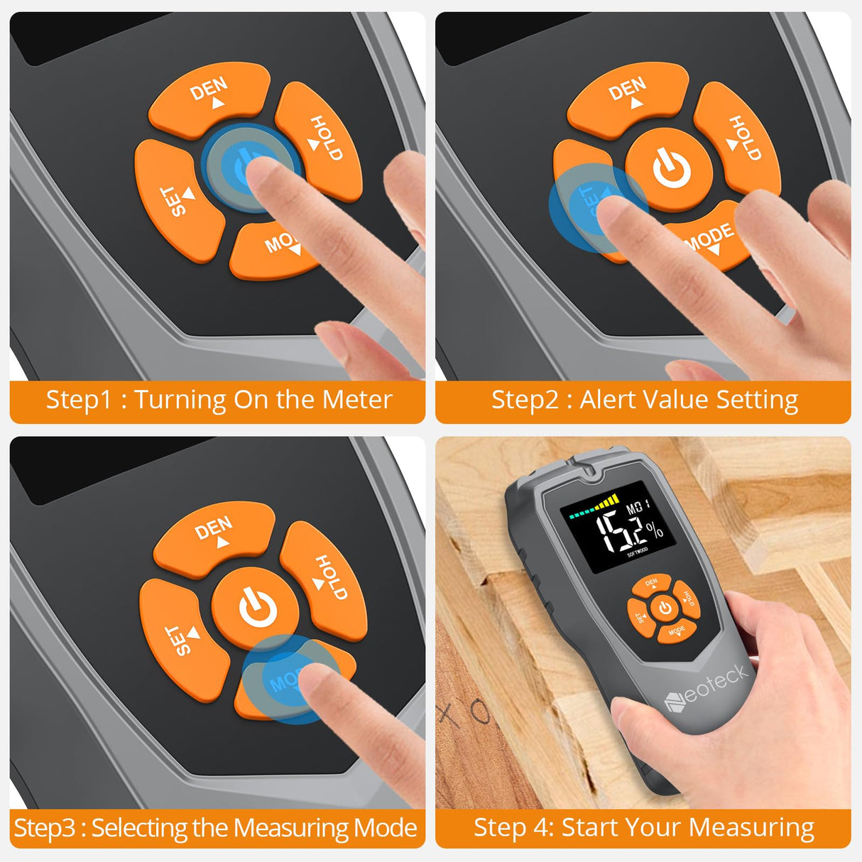 Neoteck Pinless Moisture Meter Non-Destructive Wood Moisture Meter Wood Moisture Detector with LCD Display Sound Alarm for Walls, Drywall, Wood, Neoteck