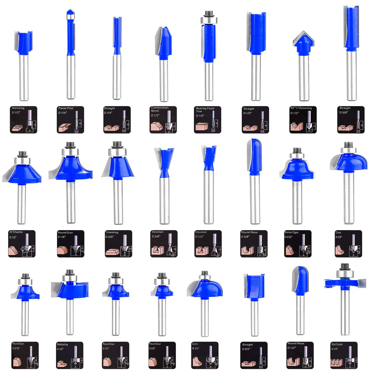 KOWOOD Router Bits Sets of 24A Pieces 1/4 Inch Shank Router Bit Set T Shape - for Commercial Users and Beginners… KOWOOD