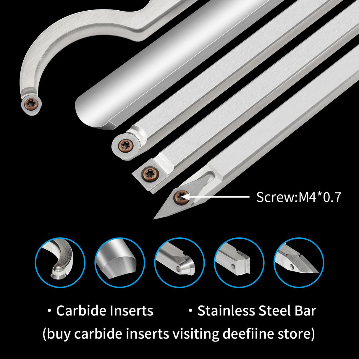 DEEFIINE Carbide Tipped Wood Lathe Turning Tools Set with Bowl sander, Lathe Rougher And Finisher Swan Neck Hollowing Tools With 4pcs Carbide Inserts DEEFIINE