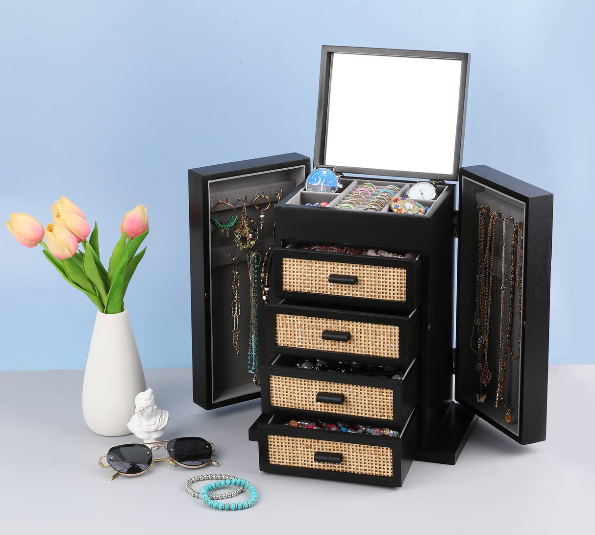 Jewelry Organizer, Rattan Jewelry Box, 5 Layer Wooden Jewelry Organizer Box with Mirror, Jewelry Boxes with 4 Drawers for Women Men, Black Jewelry Miss Rabbit