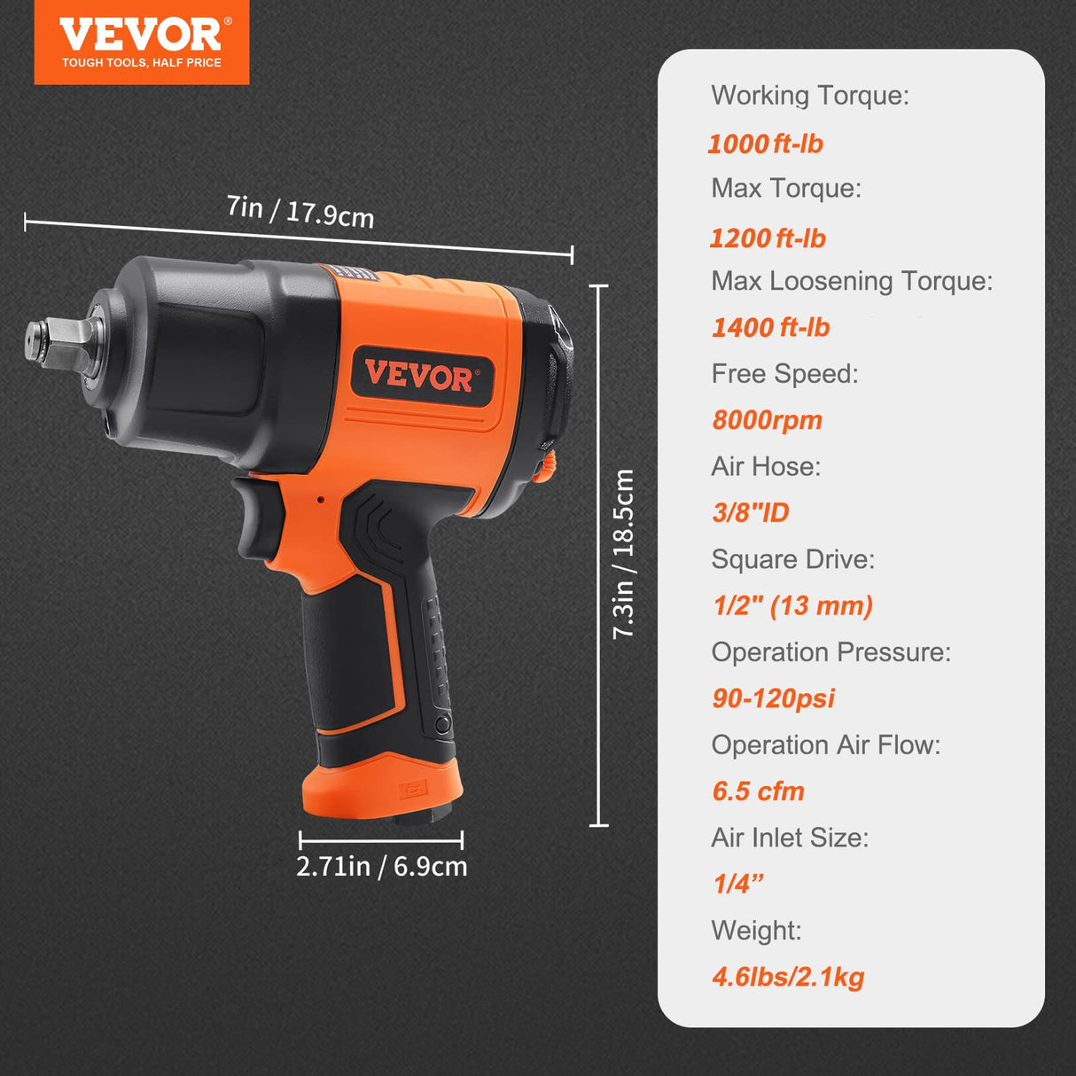 VEVOR 1/2-Inch Air Impact Wrench - High Torque 1400 ft-lbs - Lightweight 4.6 lb - Includes 11-Piece CR-V Steel Impact Socket Set & Carrying Case VEVOR