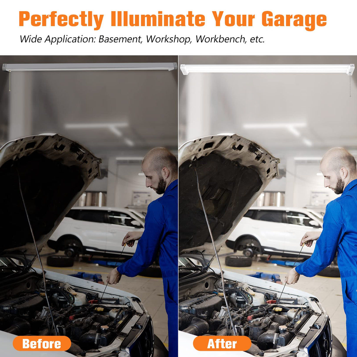 OOOLED 4FT Linkable 42W 4800LM 5000K LED Ceiling Lights for Garages, Pull Chain ON/Off, Linear Work Light Fixture with Plug, 2 Pack OOOLED