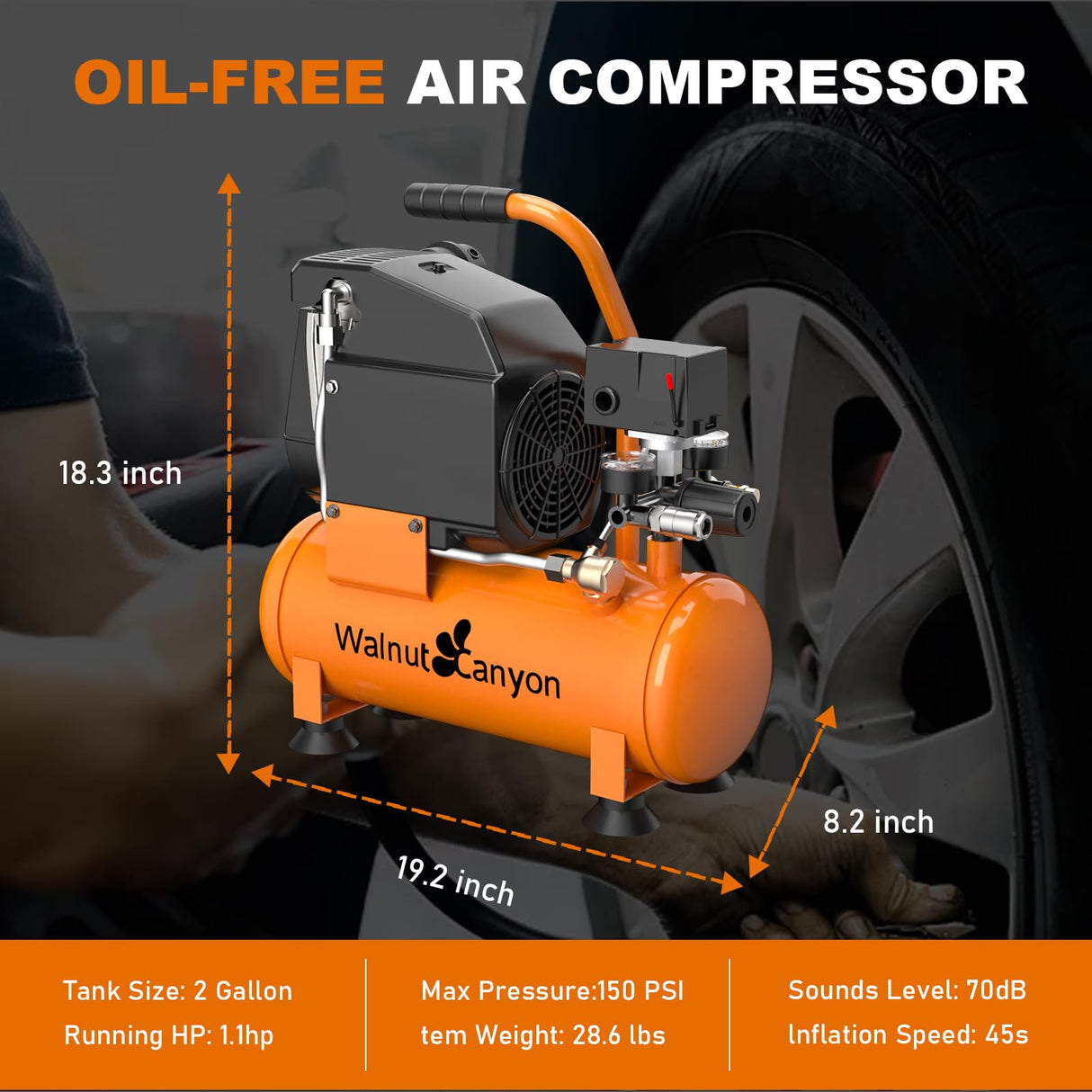 WALNUT CANYON 2 Gallon Air Compressor, 1.8 SCFM@90 PSI Air Compressor Portable, 1.1 HP Oil-Free Small Air Compressor Max 150 PSI, 70 dB Quiet Air WALNUT CANYON