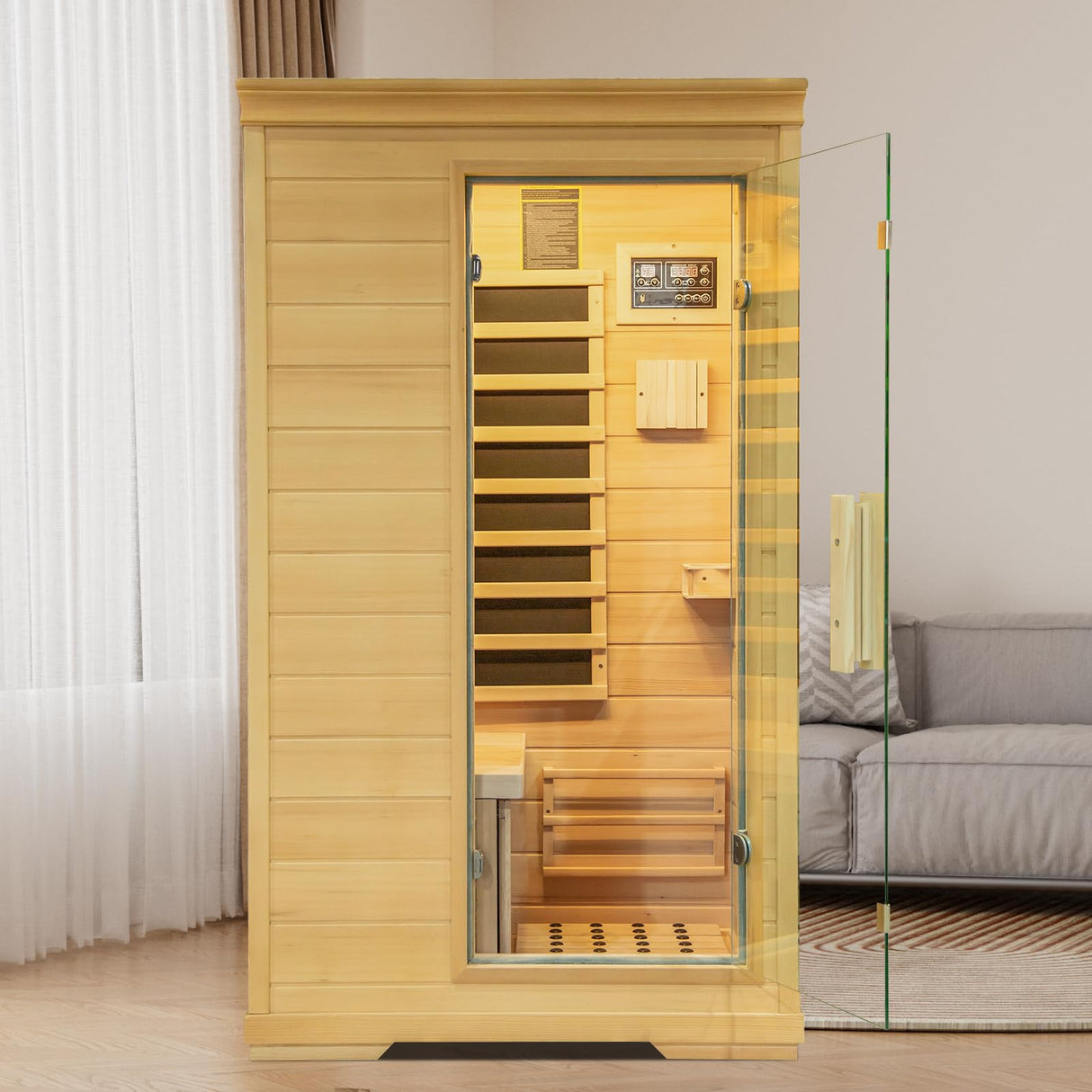 Zugoni 1 Person Mini Far Infrared Sauna Room, Wood Side-Opening Indoor Sauna Low EMF 5 Heating Panels 1050W Infrared Therapy for Personal Wooden Dry Zugoni