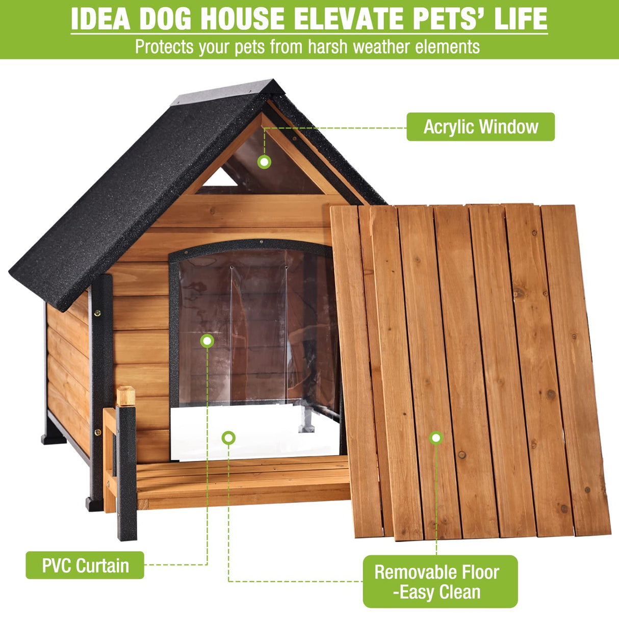 Dog House Outdoor Indoor Wooden Dog Cage with All Iron Frame Anti-Chewing for Small Medium Large Dogs Use,Raise Floor with Customized Plastic Feet GUTINNEEN