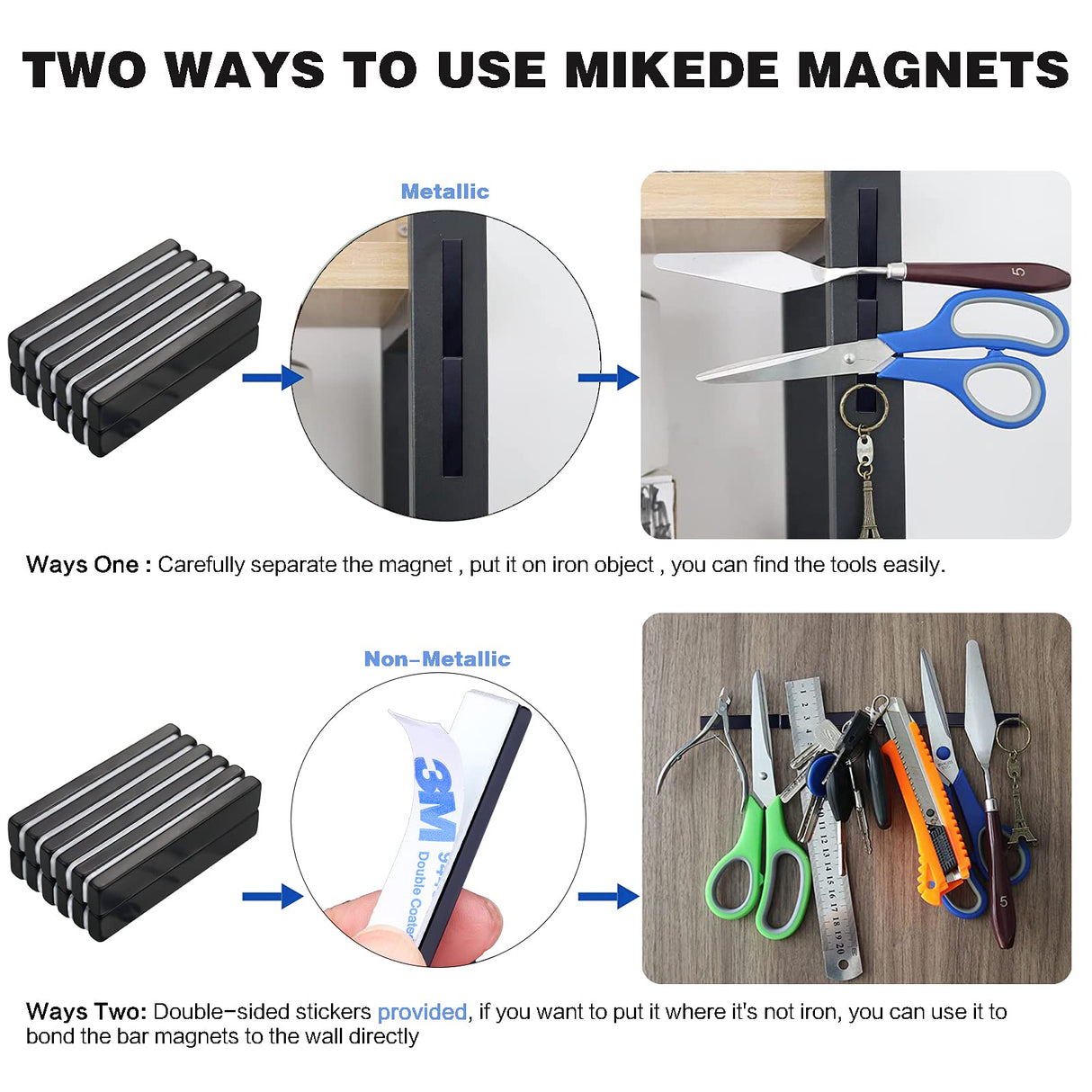 MIKEDE Strong Neodymium Bar Magnets, 16 Pack Black Heavy Duty Magnets with Double-Sided Adhesive, Rare Earth Metal Rectangular Magnetic Bar Magnet MIKEDE