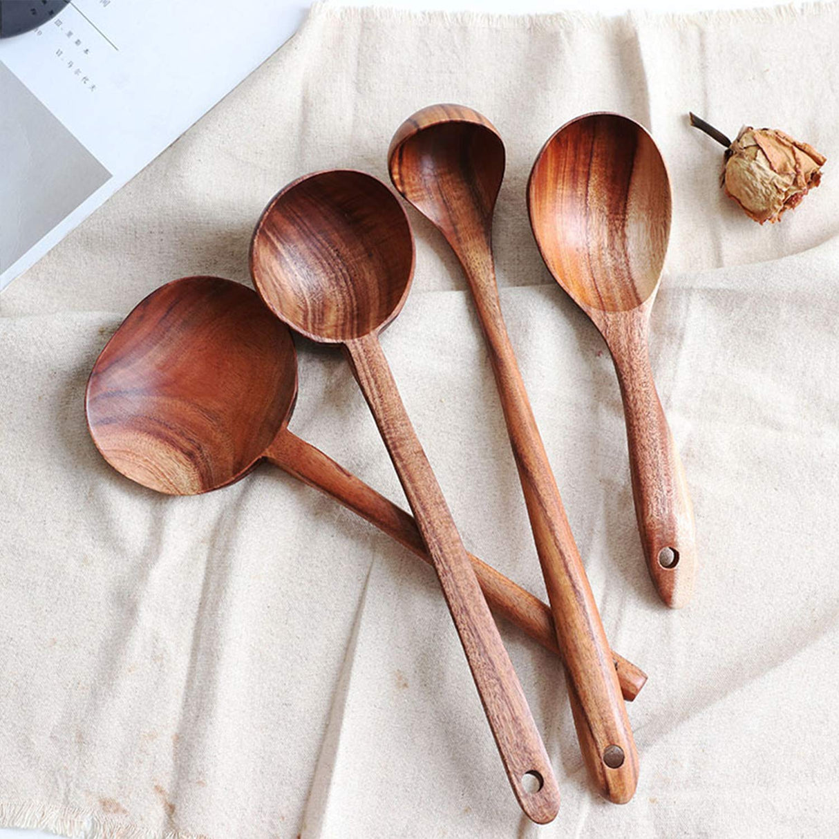 FJNATINH Wooden Soup Ladle Set, Kitchen Spoon Set Utensils, 4 Pcs Handmade Natural Teak Cooking Spoons, Long Handle Wooden Soup Ladle Spoon FJNATINH