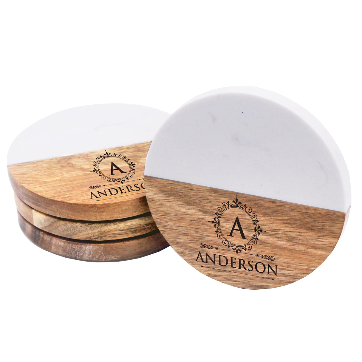 Custom Personalized Set of 4 Marble and Acacia Coasters for Drinks, Couples, Wedding Gift, New Home (Round Marble and Acacia) The Wedding Party Store