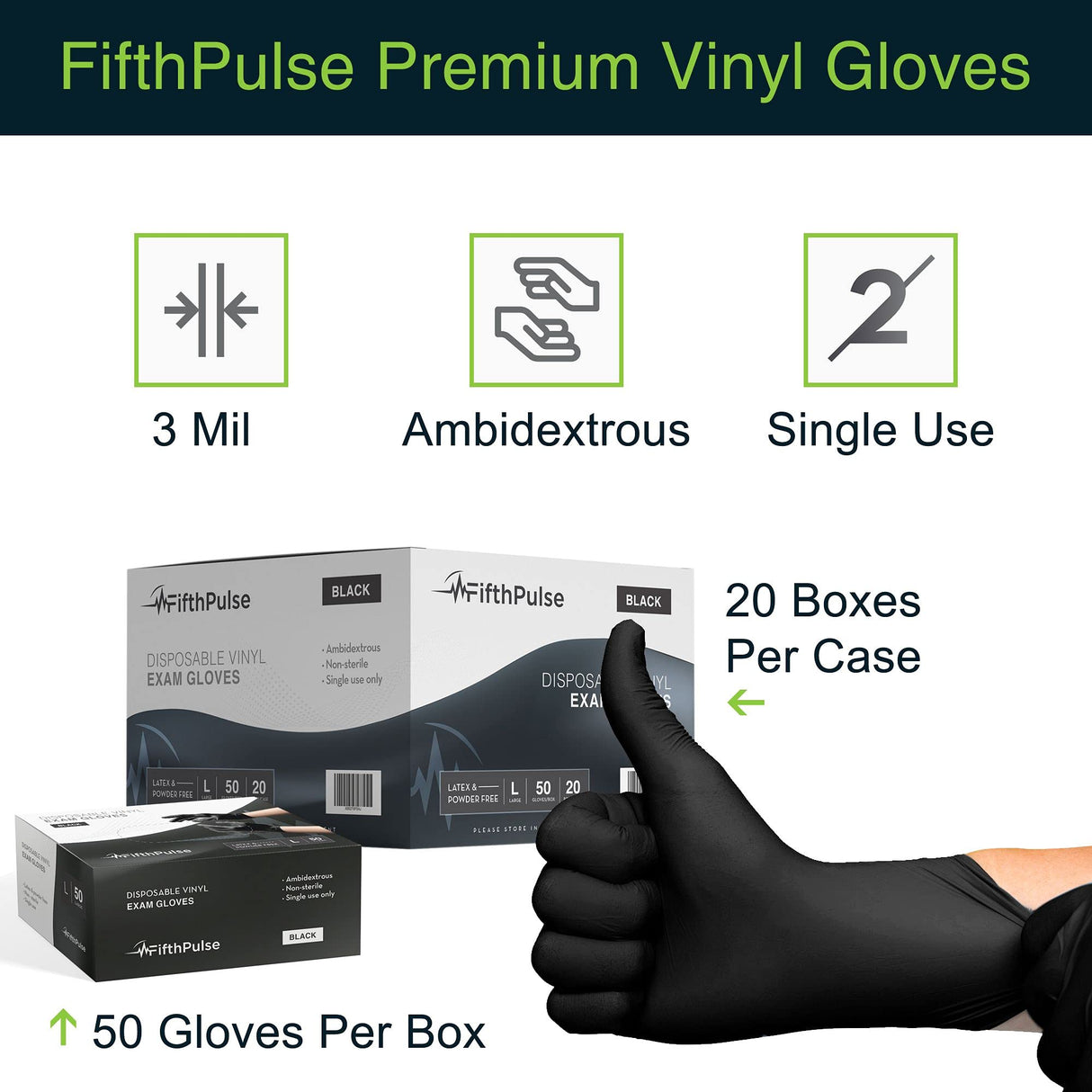 FifthPulse Black Vinyl Disposable Gloves Large 50 Pack - Latex Free, Powder Free Medical Exam Gloves - Surgical, Home, Cleaning, and Food Gloves - 3 FifthPulse