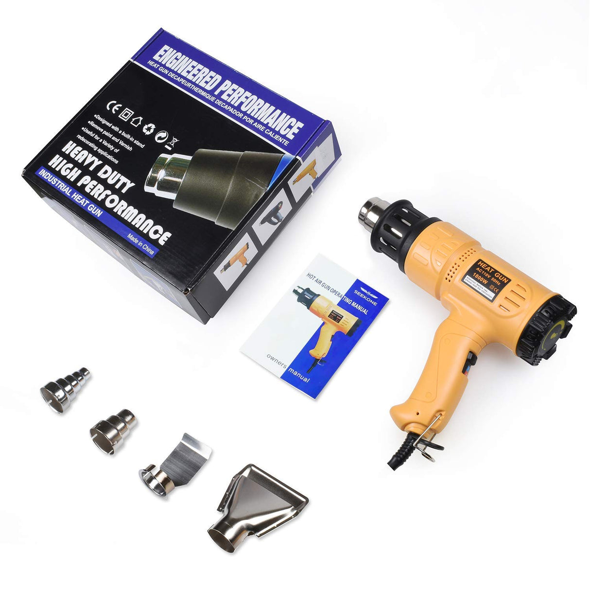 SEEKONE Heat Gun 1800W 122℉~1202℉(50℃- 650℃)Fast Heating Heavy Duty Hot Air Gun Kit Variable Temperature Control Overload Protection with 4 Nozzles SEEKONE