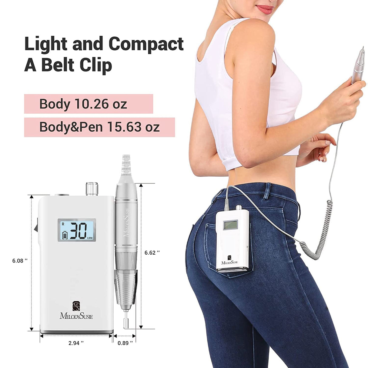 MelodySusie Professional Rechargeable 30000 rpm Nail Drill, Portable Electric E File Scamander, Acrylic Gel Grinder Tools with 6 Bits and Sanding MelodySusie