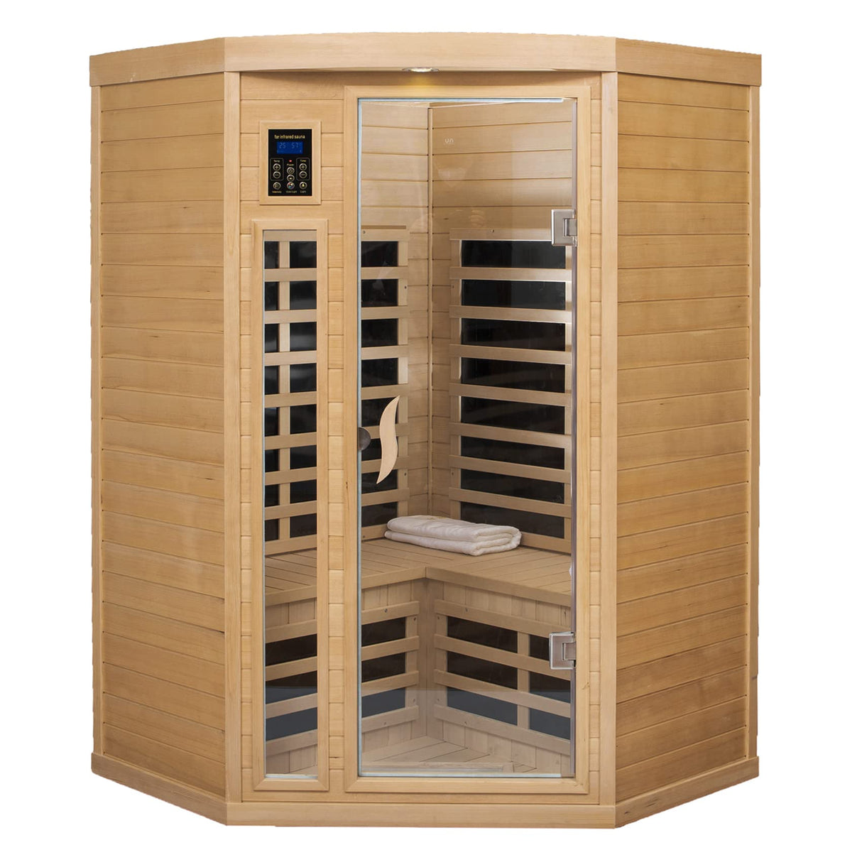 SALUSHEAT Far Infrared Wooden Sauna Room, 2 Person Home Sauna, Canadian Hemlock Indoor Corner Sauna Spa, 7 Low EMF Heaters, 2 Bluetooth Speakers, 2 SALUSHEAT