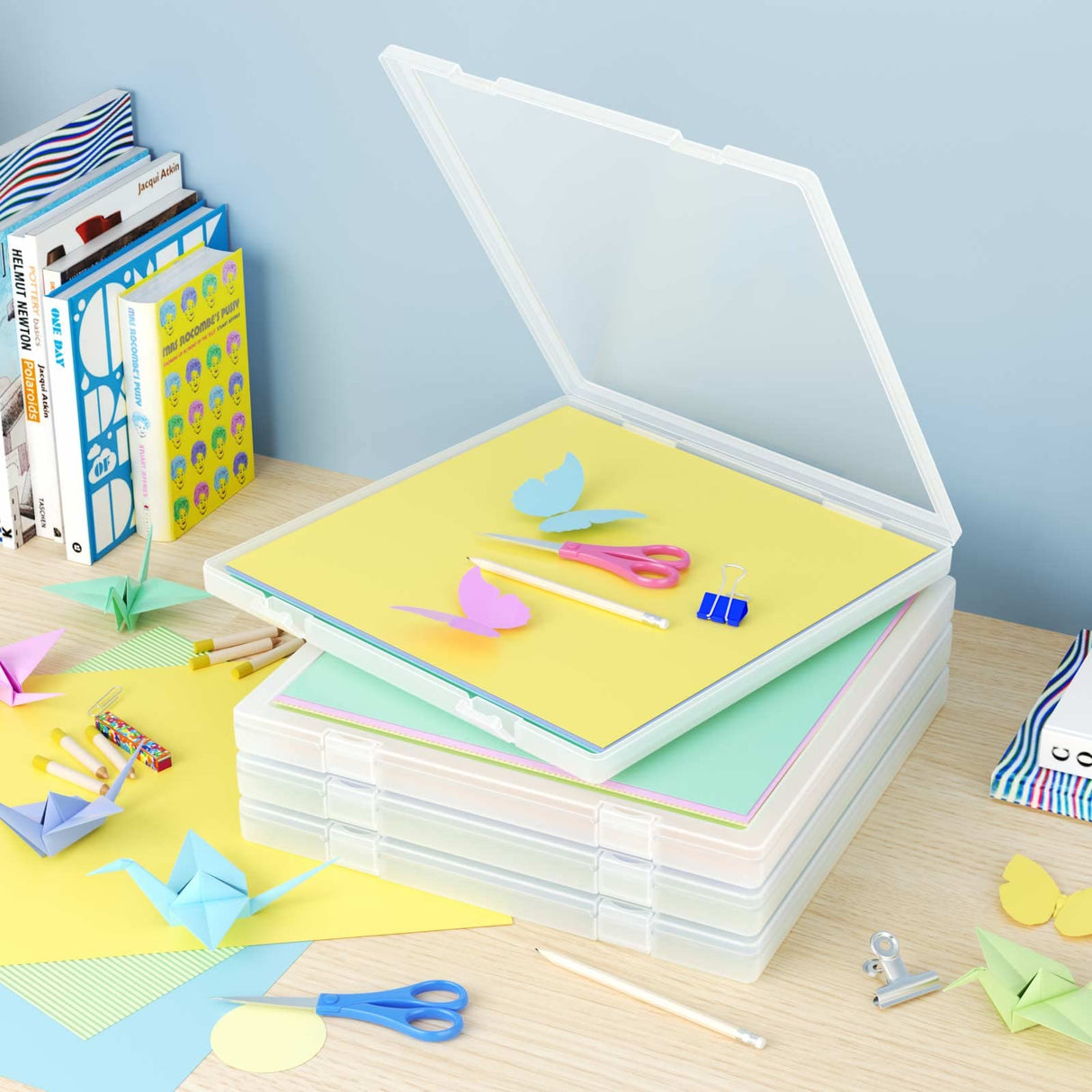 Denkee 12 x 12 Paper Storage, 4 Pack Scrapbook Storage Box for 12" x 12" Paper, Plastic Portable Project Case, Slim Documents Magazines Paper Denkee