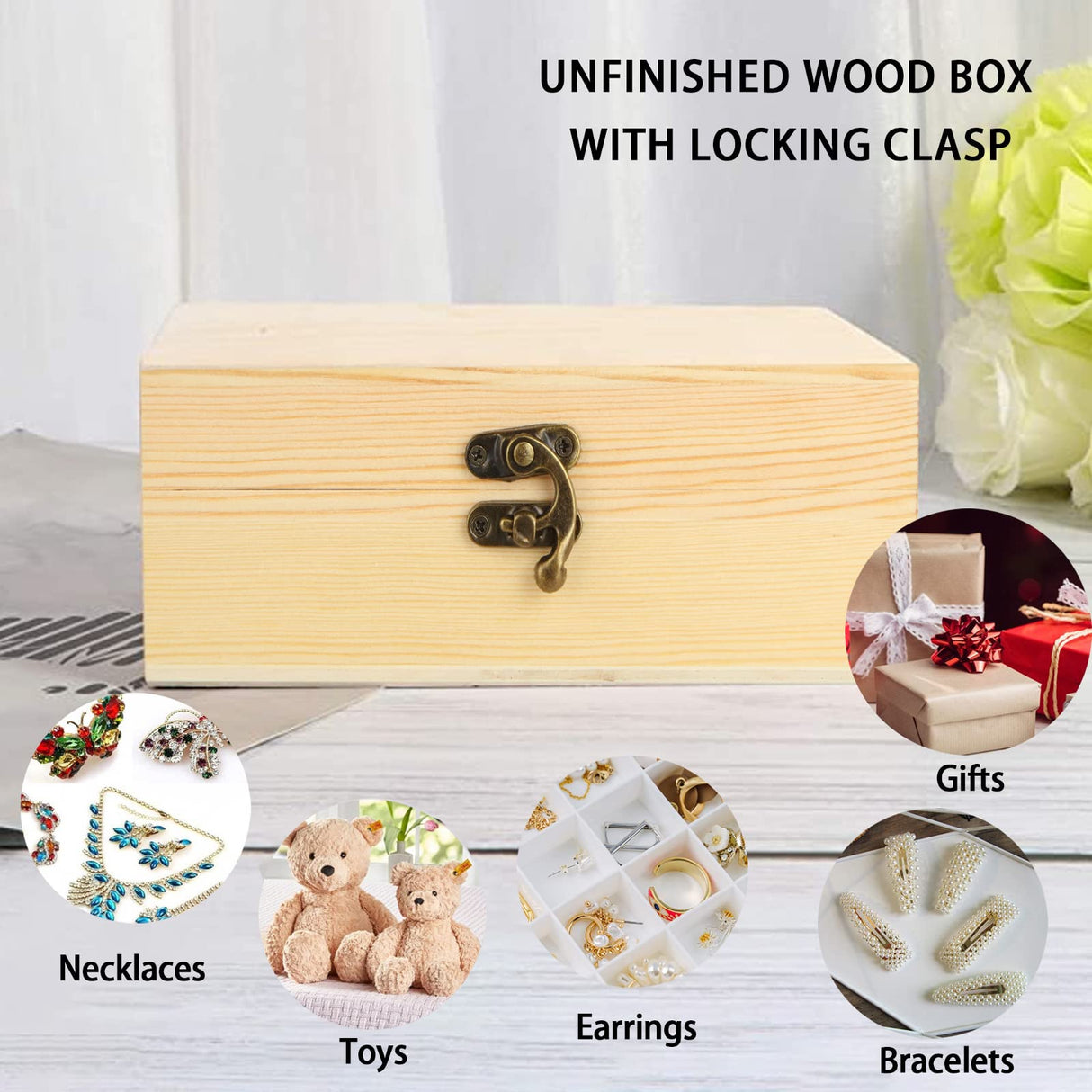 DAJAVE 4 Pack Unfinished Wooden Box, Wooden Box with Hinged Lid, Small Bulk Wood Boxes for Crafts, DIY, Arts Hobbies and Home Storage(7x5x2 Inch) DAJAVE