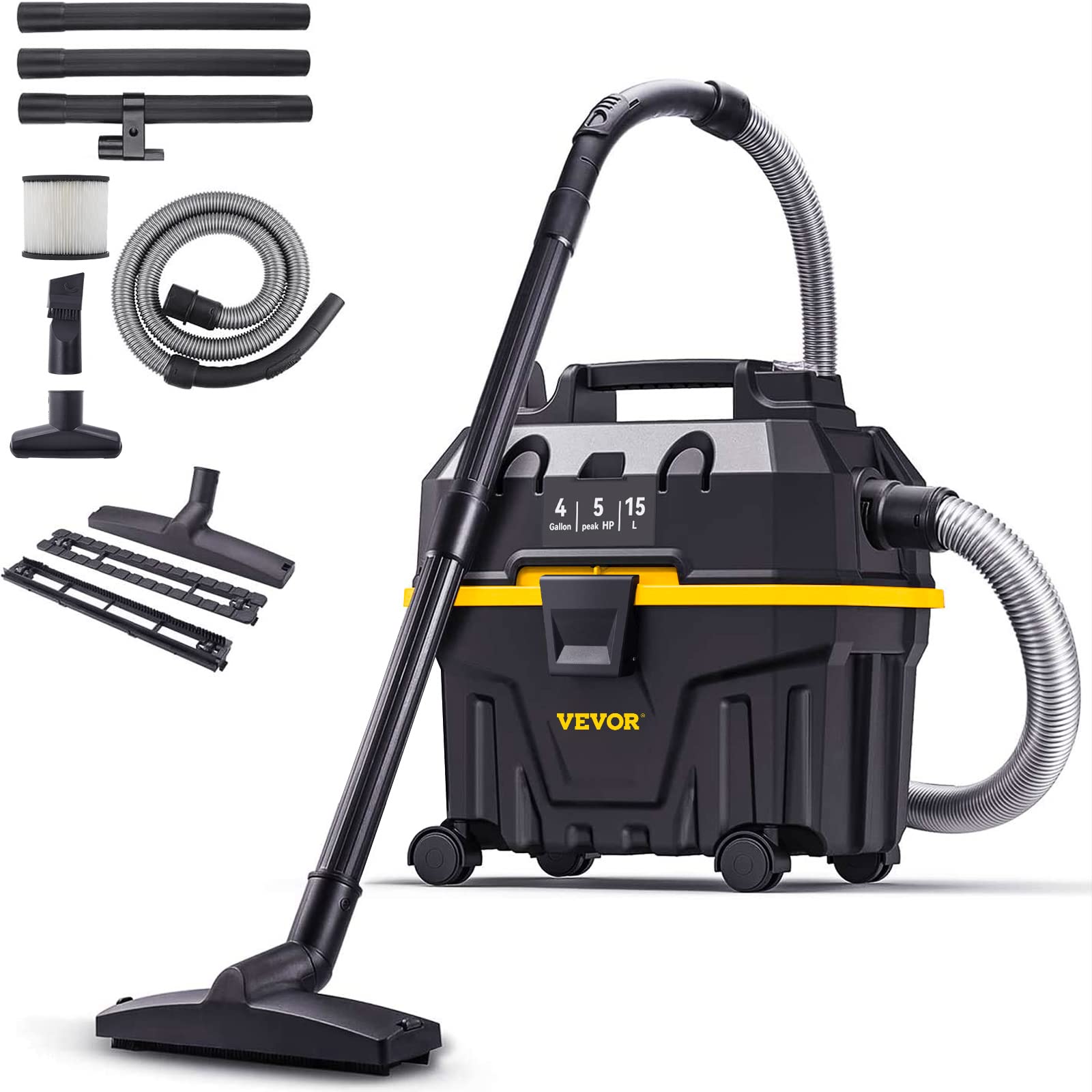 Wet Dry Vac, 4 Gallon, 5 Peak HP, 3 in 1 Shop Vacuum with Blowing Function Portable Attachments to Clean Floor, Upholstery, Gap, Car, ETL Listed, Black