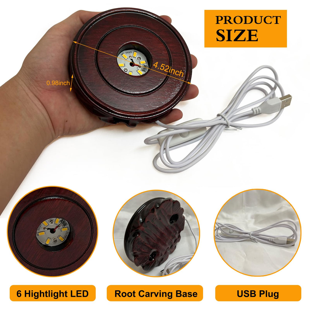 Voaesdk Root Carving Wooden Light Display Base 4.5 Inch Round Wood LED Lighted Stand Base Crystal Display Pedestal for 3D Crystal Figurine Glass Voaesdk