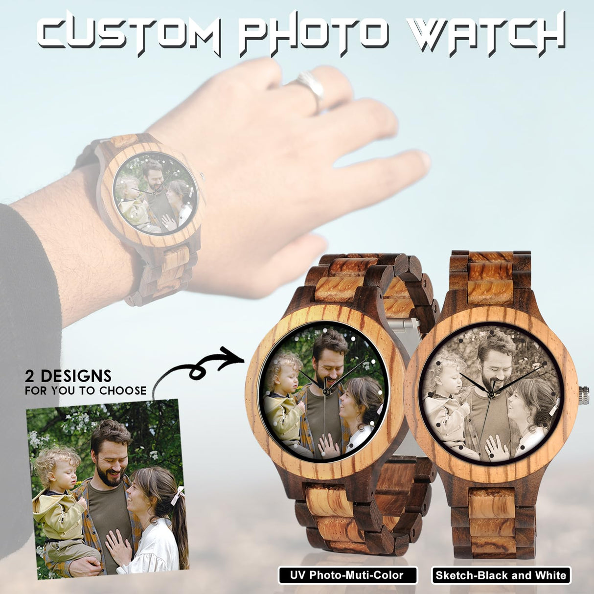 Personalized Customized Wooden Watch for Men Original Engraved Photo Natural Wood Watches with Adjustable Wristband for Birthday Anniversary Present DB-WINNER