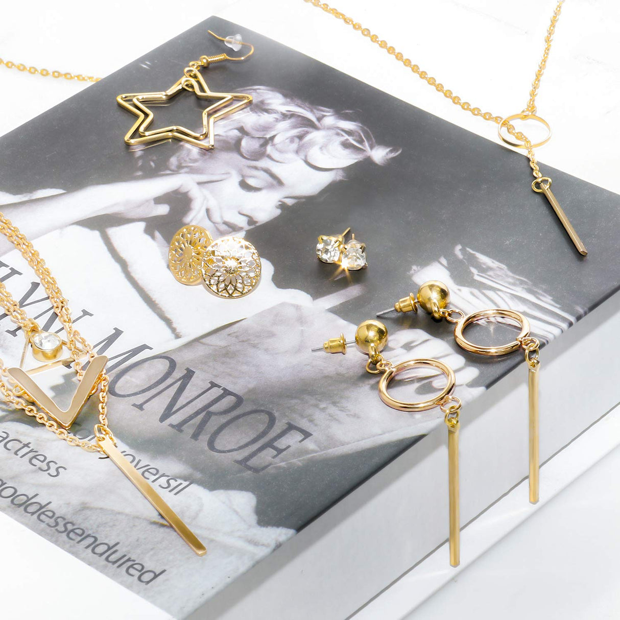 Necklace and Earring Jewelry Set, with 24 Pairs Layered Ball Dangle Hoop Stud Earrings and 4 PCS Necklaces of Different Lengths for Women Jewelry AROIC