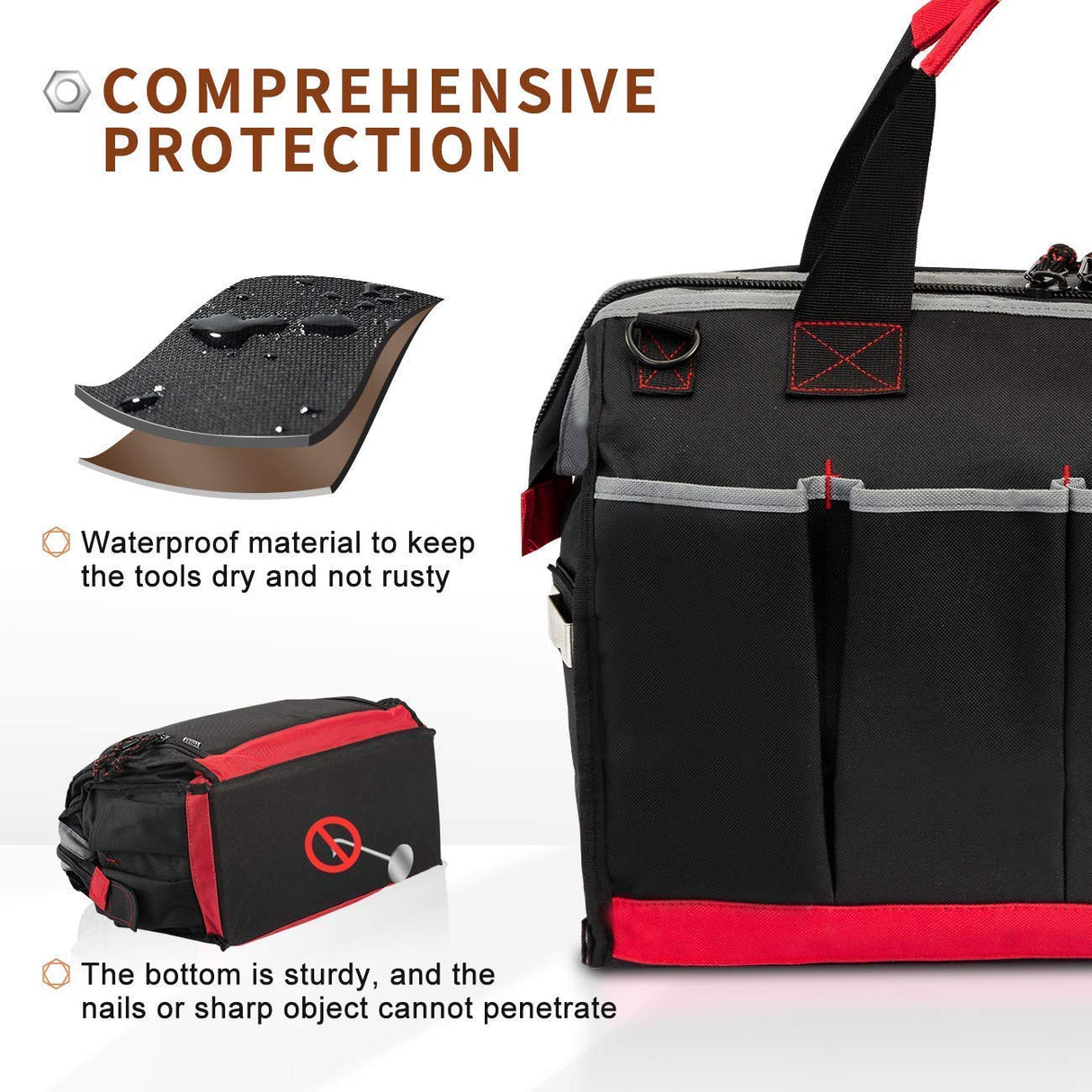 Pnochoo Waterproof Tool Bags for Men or Women, 16-inch Wide Mouth Tool Tote Bag with 25 Pockets for Tool Organizer & Storage, with Adjustable pnochoo