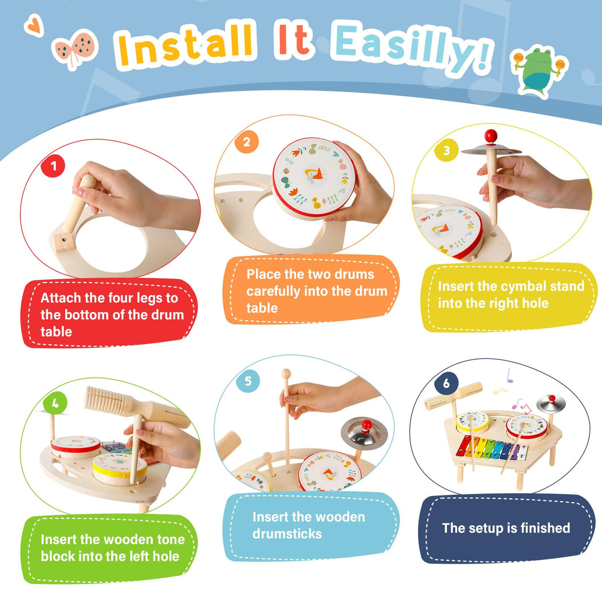 Hilifexll Kids Drum Set for Toddlers 1-3, Baby Preschool Musical Toys 7 in 1 Montessori Instruments Set Wooden Music Toy Baby Drum Kit Xylophone Hilifexll