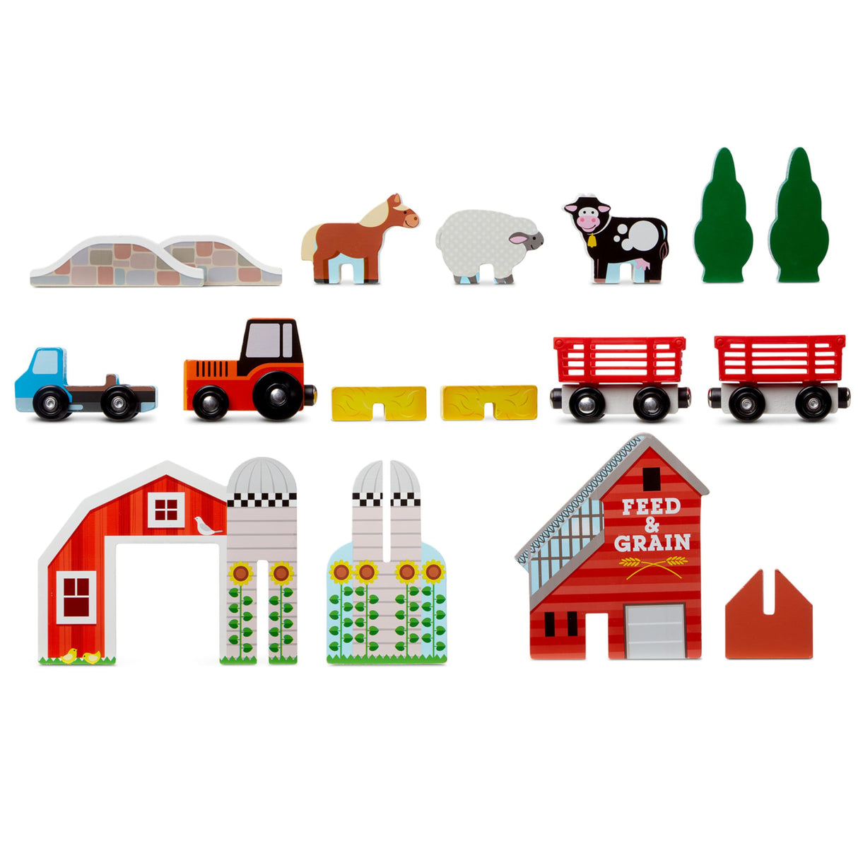 Melissa & Doug 17-Piece Wooden Take-Along Tabletop Farm, 4 Farm Vehicles, Play Pieces , Grain House - Take-Along Pretend Play Toy Barn Farm Toys For Melissa & Doug