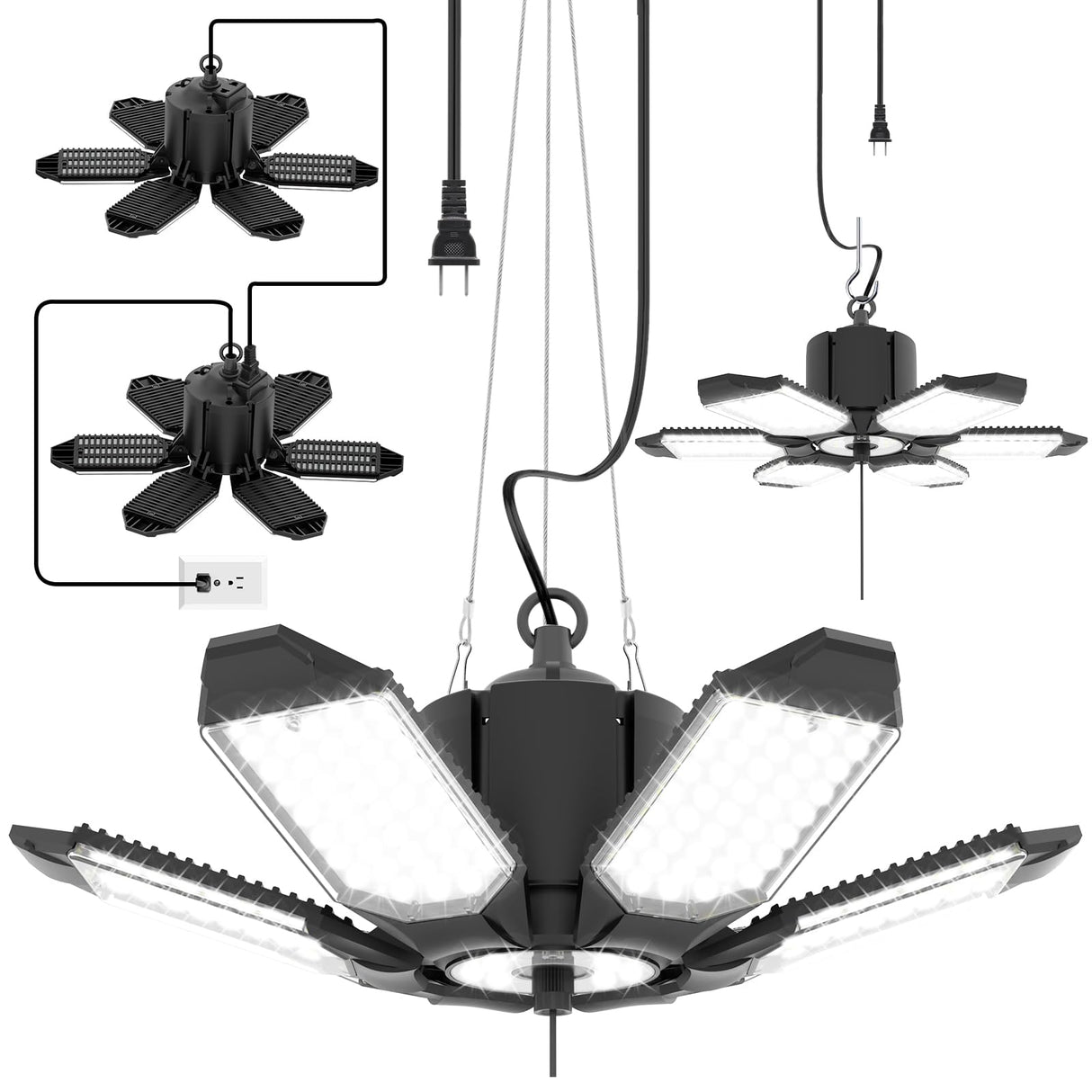 toberich 2-Pack Plug in Garage Light, 200W 20000LM Linkable LED Shop Light w/Pull Chain(ON/Off), 6+1 Deformable Panels, 6500K LED Ceiling Lights for toberich