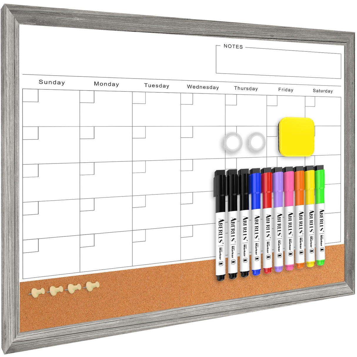 Monthly Whiteboard Calendar & Corkboard for Wall, Magnetic 17"x13" Dry Erase Board with Gray Wood Framed, 2in1 White Board Cork Board Combo, Calendar ABERLLS