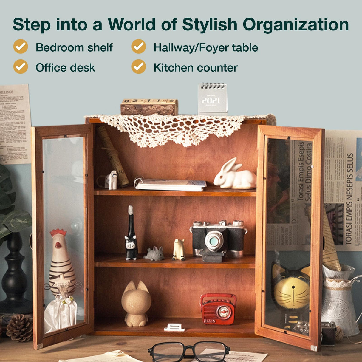 Wall Mount Storage Display Cabinet with Clear Display Doors - 12”x14”x5” Pantry Storage Hanging Cupboard - 3-Level Cover Cabinet with 2 Metal Handles Woodaholic