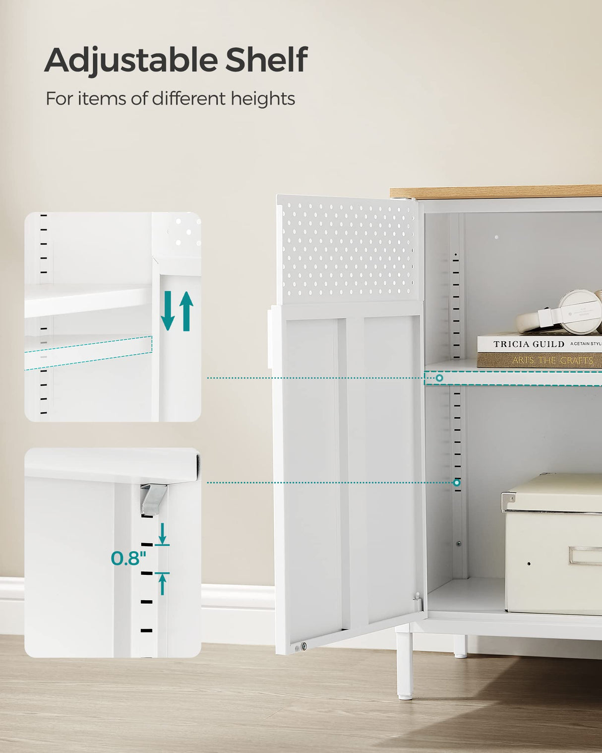 SONGMICS Storage Sideboard, Buffet Table with Adjustable Shelves, Floor Storage Cupboard, Steel Frame, Natural and White ULSC102W57 SONGMICS
