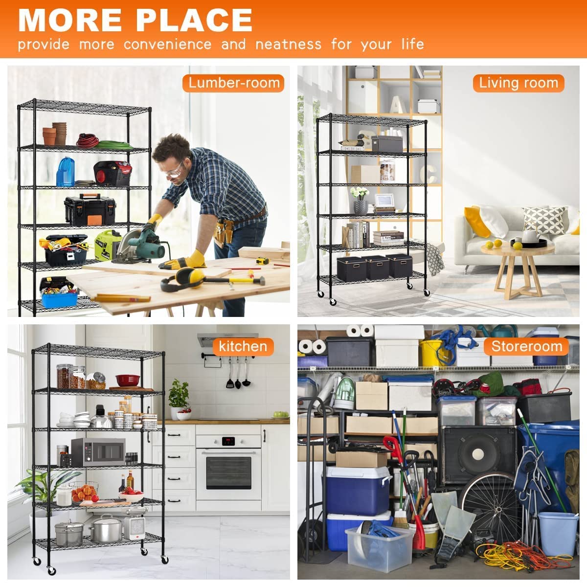 Wire Shelving Unit, Metal , with Wheels 6 Tier 2100lbs 48in L×18in W×82in H Storage Shelves Height Adjustable NSF Heavy Duty Steel Shelf Movable for TYNB