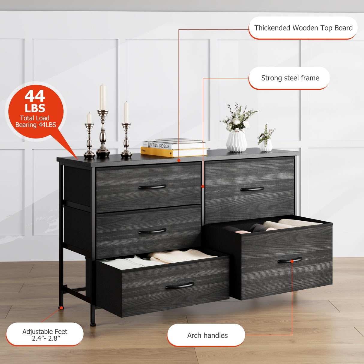 Nicehill Black Dresser for Bedroom with 5 Drawers, Kids Dresser Wood Grain Print, Dressers & Chests of Drawers for Closet, Clothes, Nursery, Bedroom Nicehill