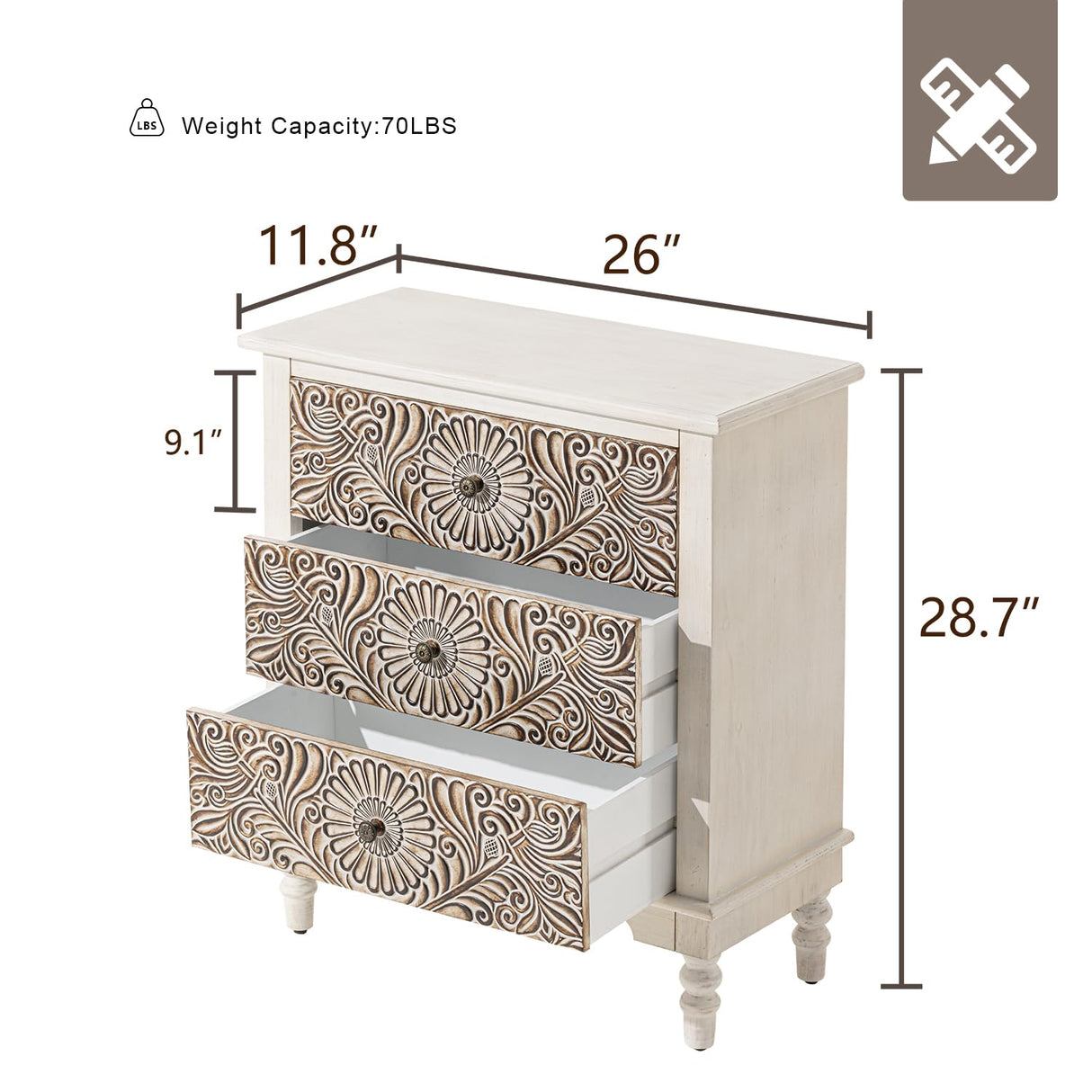 HOMPUS End Table w Flower Pattern, Nightstand w 3 Storage Drawers, Small Night Stand w Wood Grain Finish, Accent Table Side Table, Small Chest HOMPUS