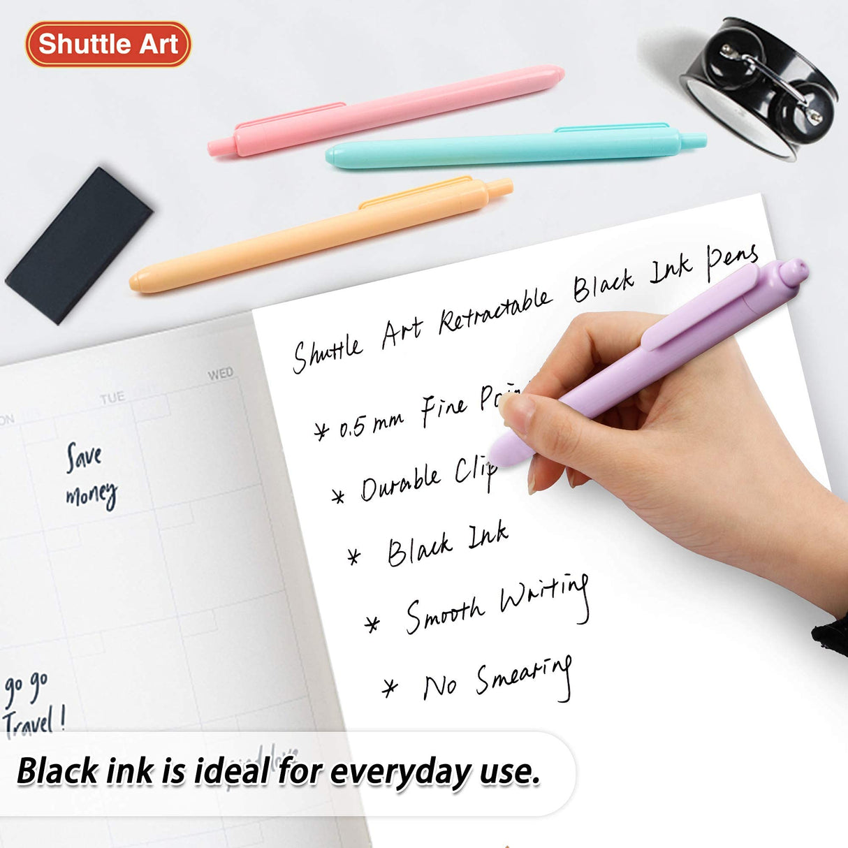 Shuttle Art Retractable Pastel Gel Ink Pens, 11 Pack Black Ink Pens, Cute Pens 0.5mm Fine Point for Writing Journaling Taking Notes School Office Shuttle Art